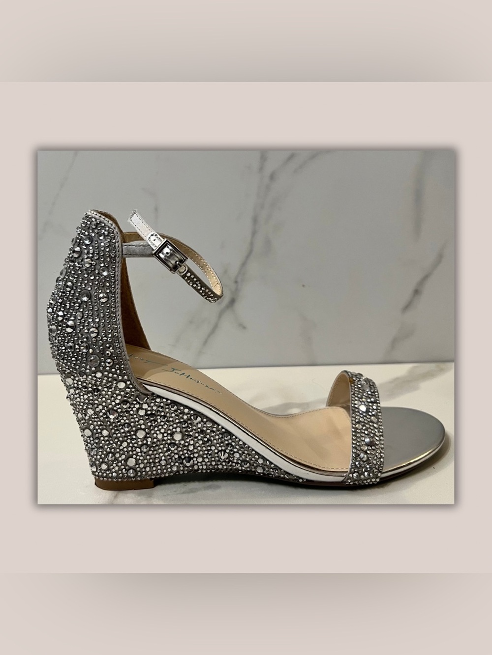 BETSY JOHNSON CRYSTAL-EMBELLISHED WEDGE SANDAL W/ ANKLE STRAP - SILVER | SZ 9.5
